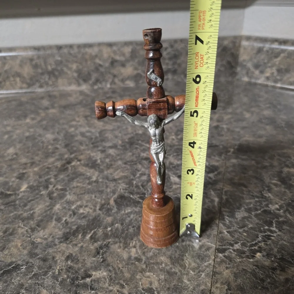 Vintage Wood Standing Crucifix Cross Metal Jesus Catholic Altar 7